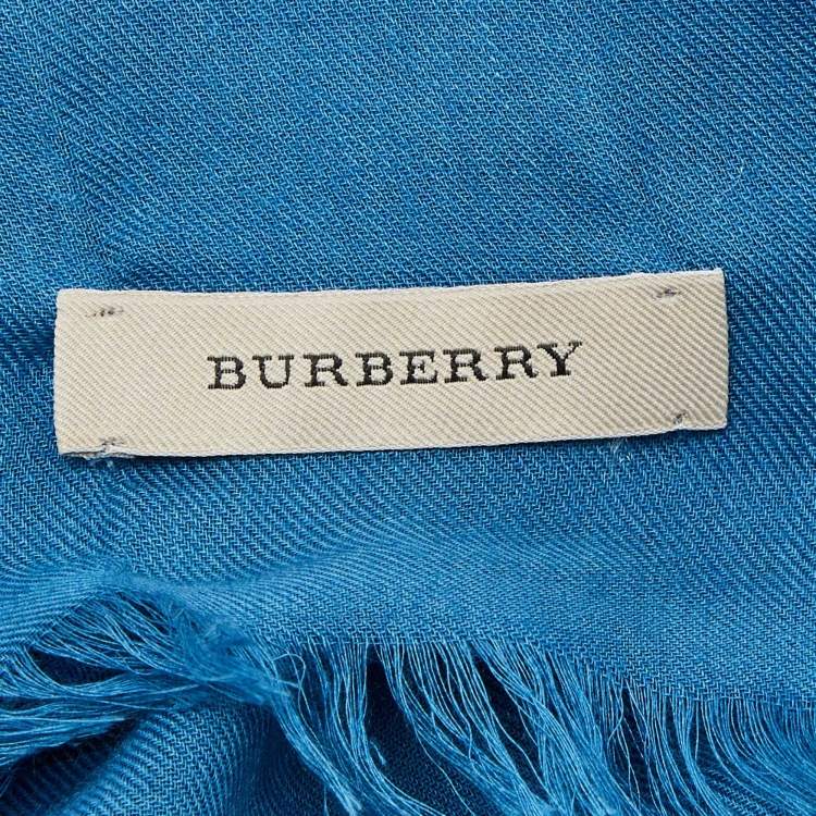 Pre Owned Burberry Blue Giant Check Fringed Cashmere Scarf