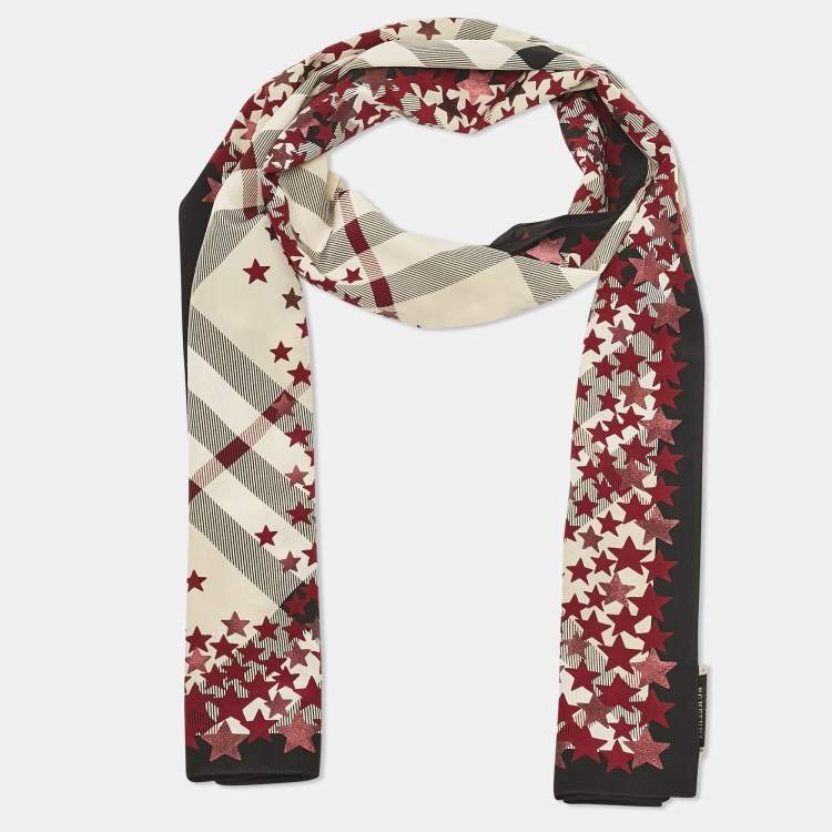 Pre Owned Burberry Red/Beige Stars and Nova Check Chiffon Scarf 