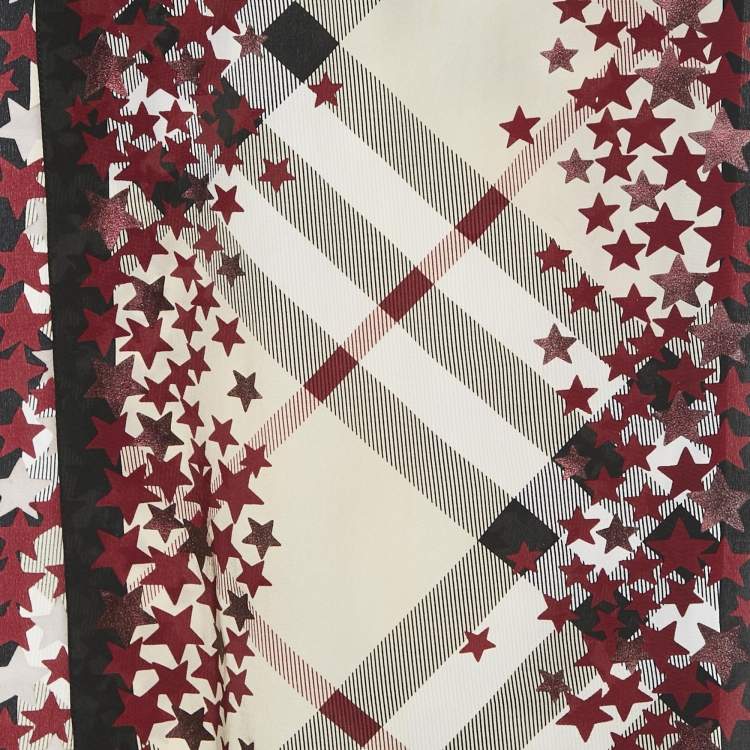 Pre Owned Burberry Red/Beige Stars and Nova Check Chiffon Scarf 