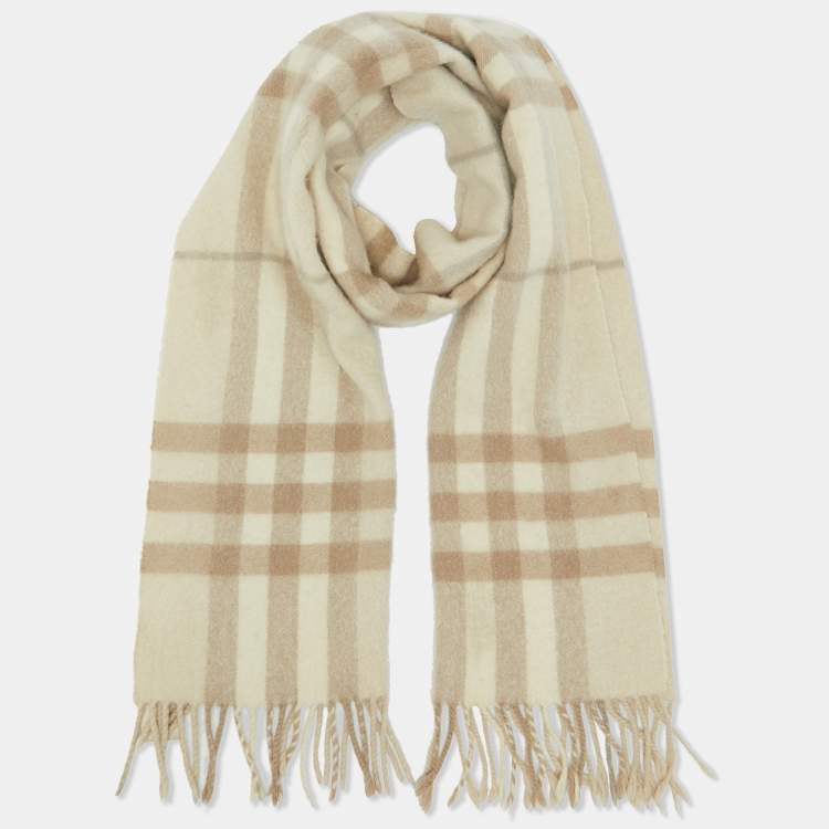 Pre Owned Burberry Beige Checked Cashmere Fringed Scarf 