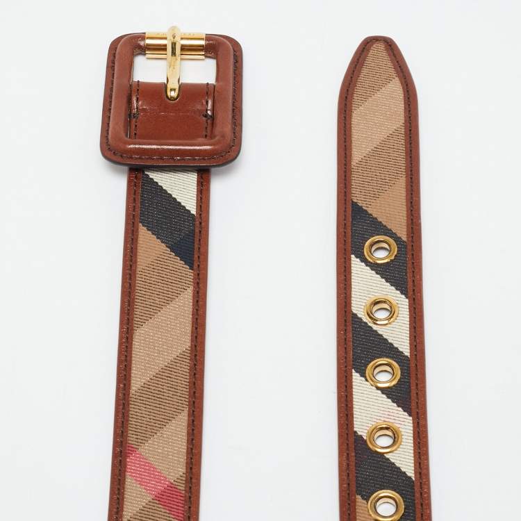 Pre Owned Burberry Beige/Brown House Check Canvas and Leather Buckle Belt 90 CM