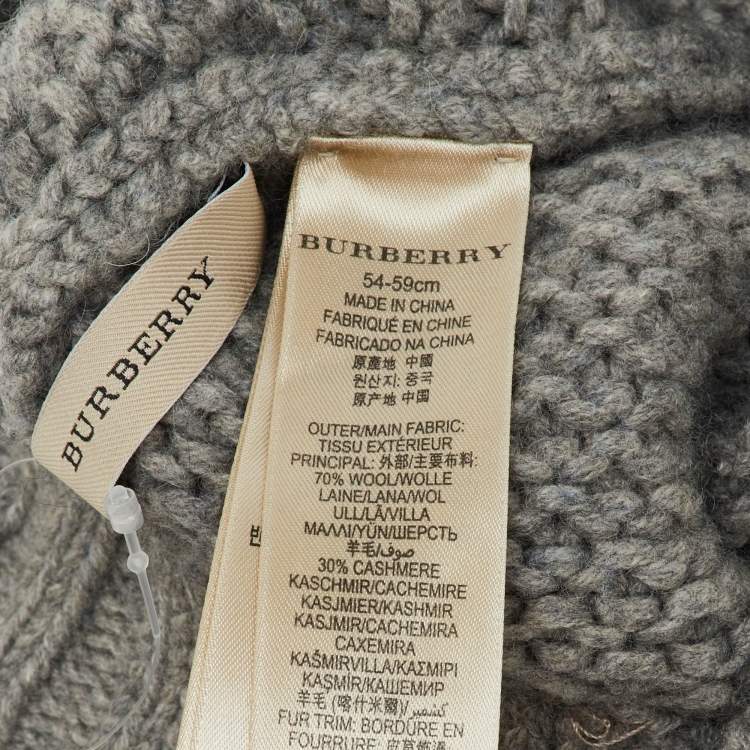 Pre Owned Burberry Grey Fox Fur Trim Wool Knit Beanie
