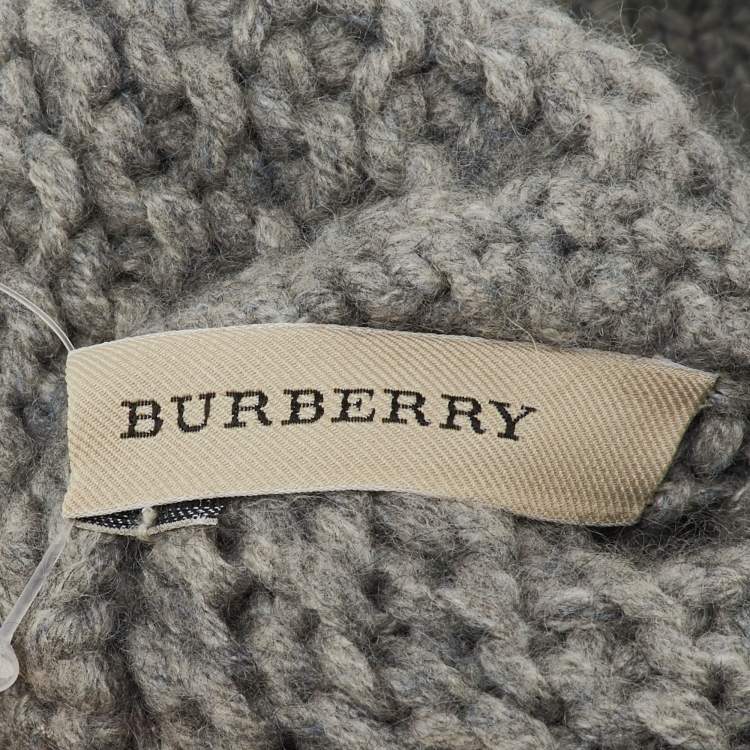 Pre Owned Burberry Grey Fox Fur Trim Wool Knit Beanie