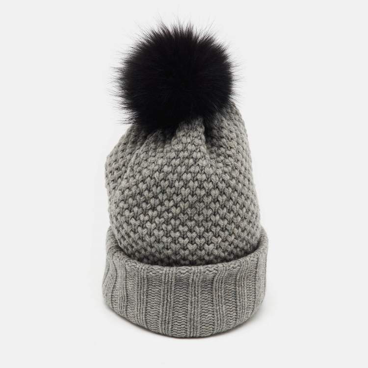 Pre Owned Burberry Grey Fox Fur Trim Wool Knit Beanie