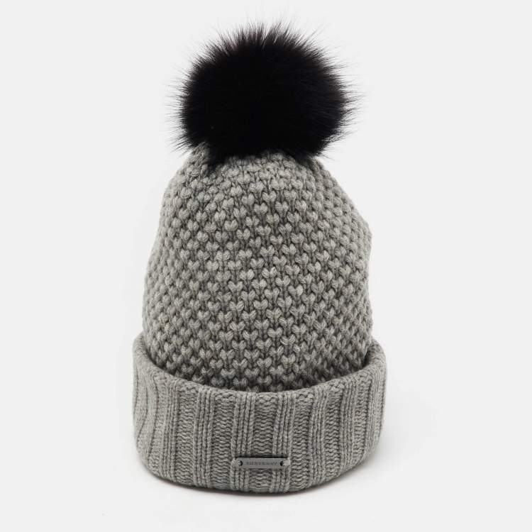 Pre Owned Burberry Grey Fox Fur Trim Wool Knit Beanie