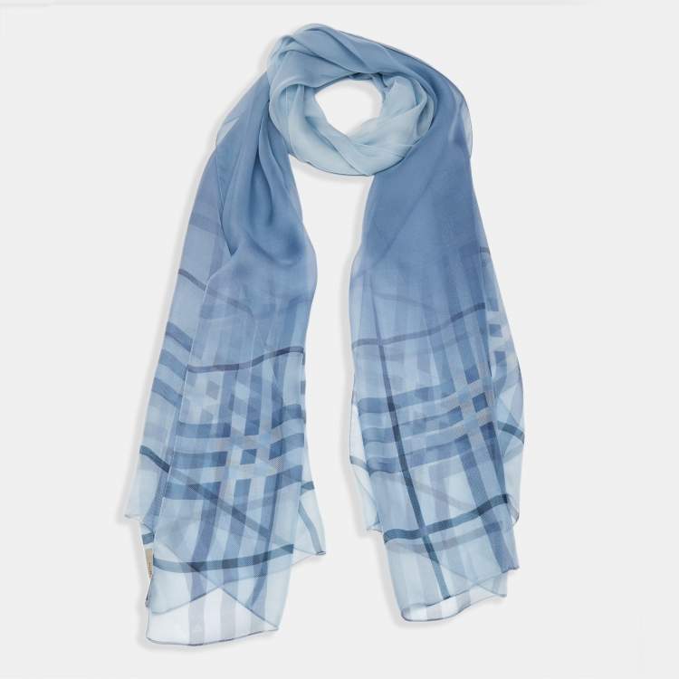 Pre Owned Burberry Blue Checked Chiffon Scarf