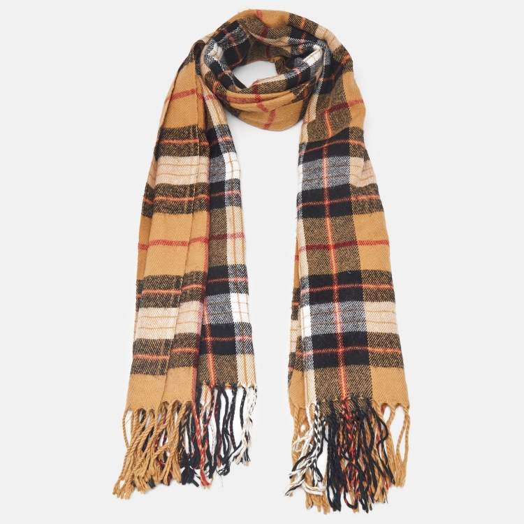 Pre Owned Burberry Vintage Beige Check Pattern Wool Fringed Scarf