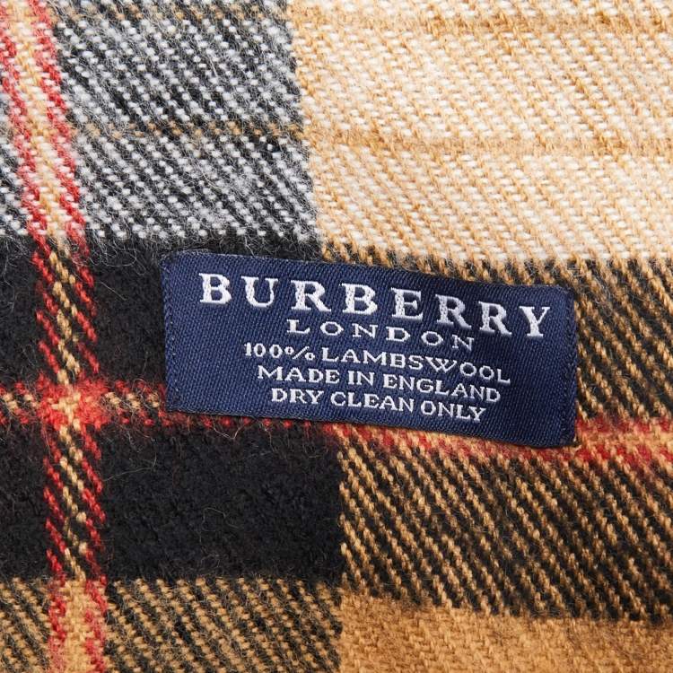 Pre Owned Burberry Vintage Beige Check Pattern Wool Fringed Scarf