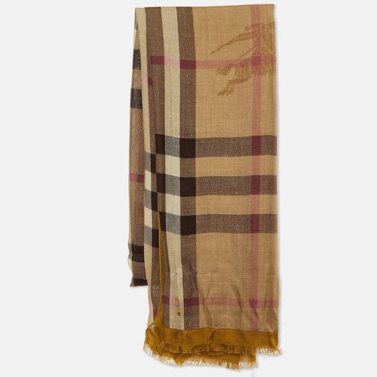 Pre Owned Burberry Yellow Ochre Check Logo Print Modal & Cashmere Stole 
