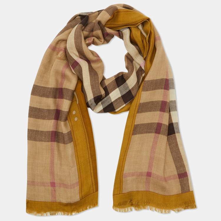 Pre Owned Burberry Yellow Ochre Check Logo Print Modal & Cashmere Stole 