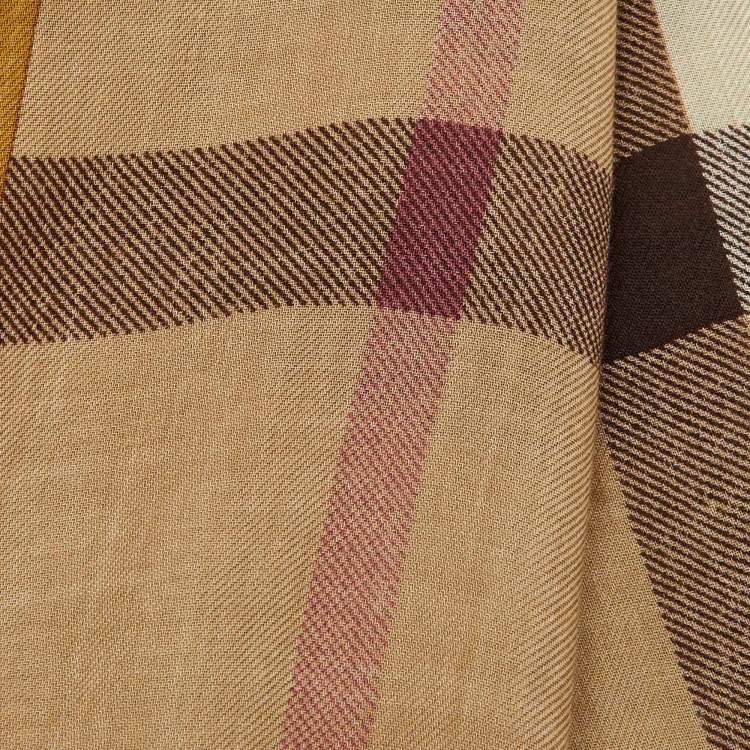 Pre Owned Burberry Yellow Ochre Check Logo Print Modal & Cashmere Stole 