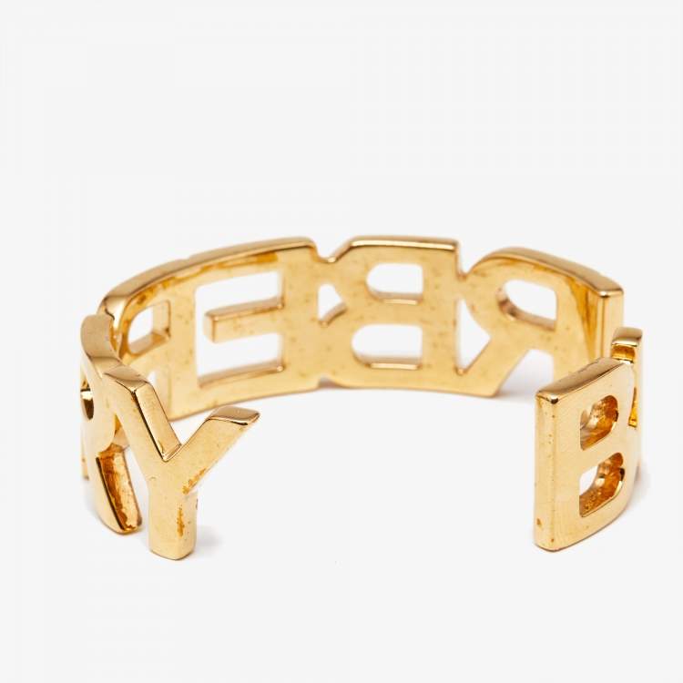 Pre Owned Burberry Logo Gold Tone Metal Bracelet S