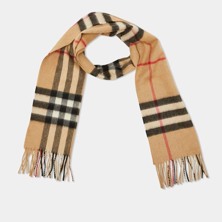 Pre Owned Burberry Beige Checked Cashmere Fringed Scarf