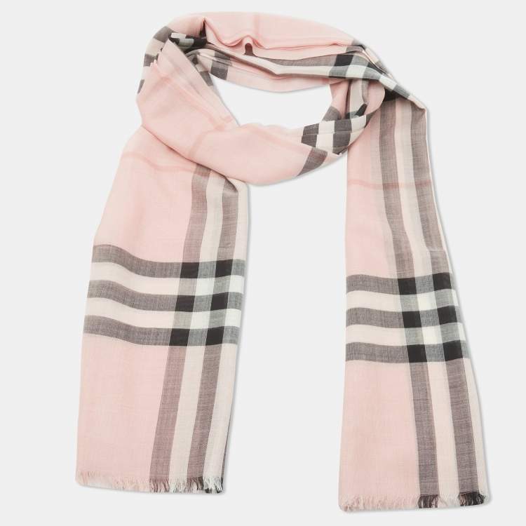 Pre Owned Burberry Ash Rose Pink Giant Check Gauze Wool and Silk Stole 