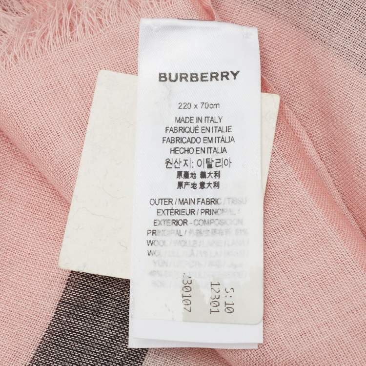 Pre Owned Burberry Ash Rose Pink Giant Check Gauze Wool and Silk Stole 