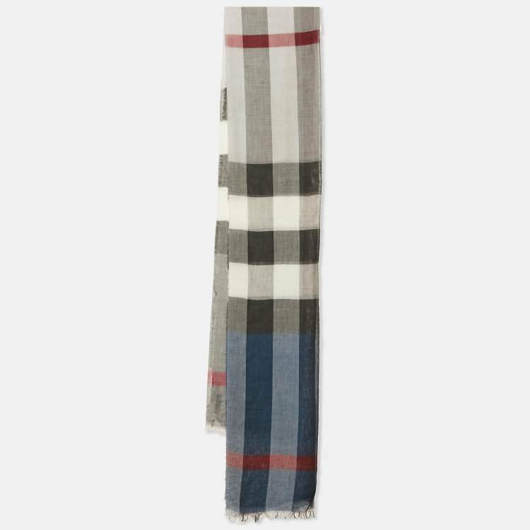 Pre Owned Burberry Blue/Grey Checked Raw Edge Scarf 