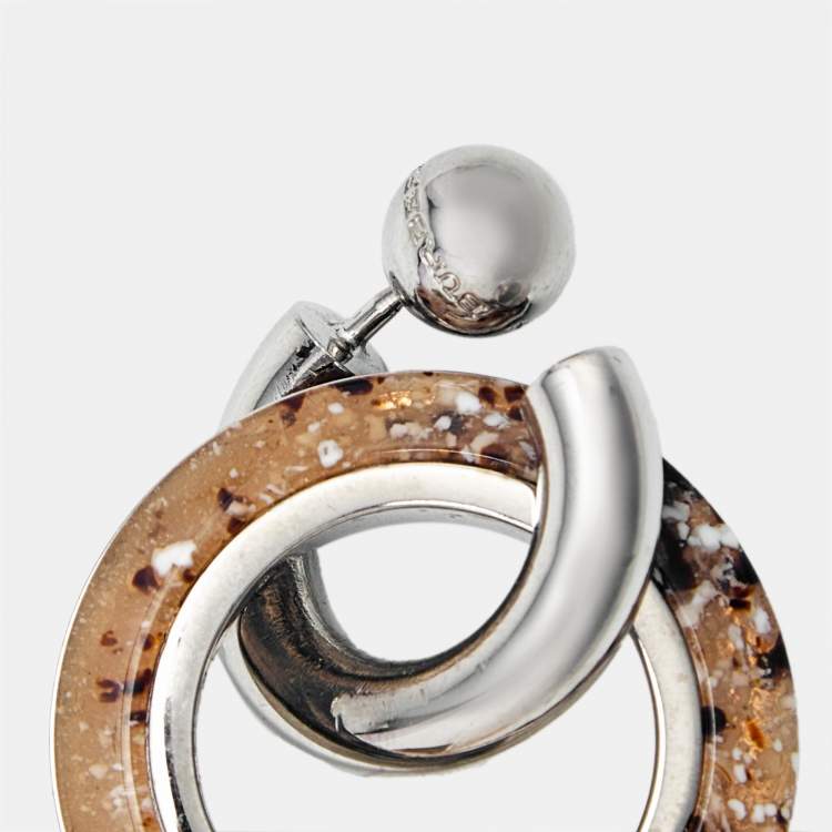 Pre Owned Burberry Caramel Marbled Resin SilverTone Double Grommet Earrings