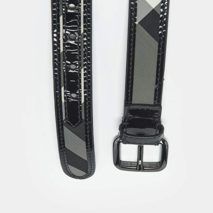 Pre Owned Burberry Black Beat Check Coated Canvas and Patent Leather Buckle Belt 90 CM