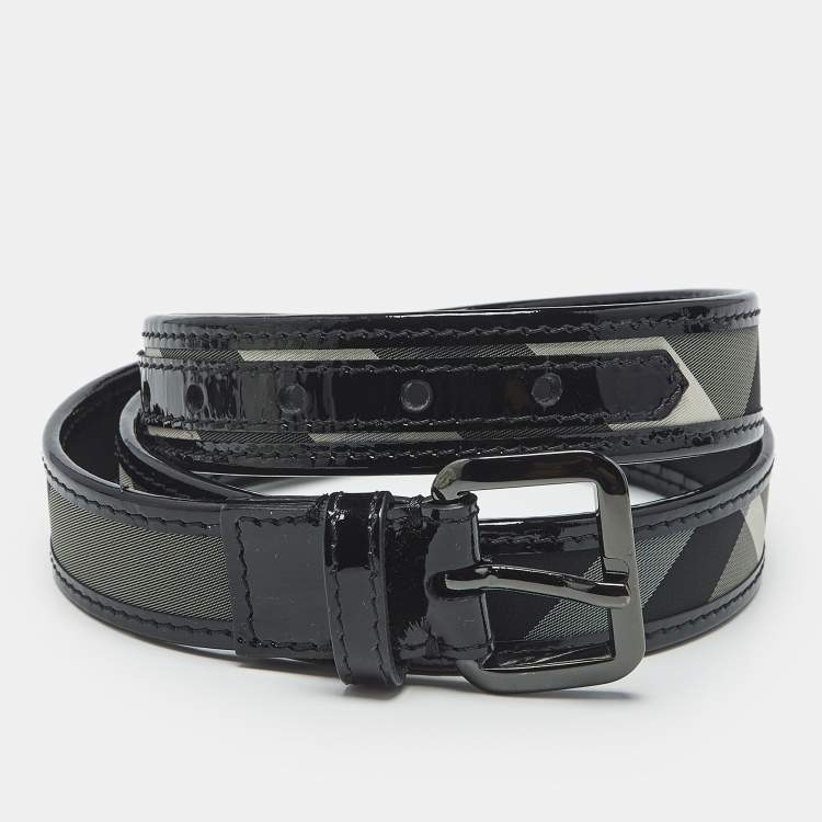 Pre Owned Burberry Black Beat Check Coated Canvas and Patent Leather Buckle Belt 90 CM