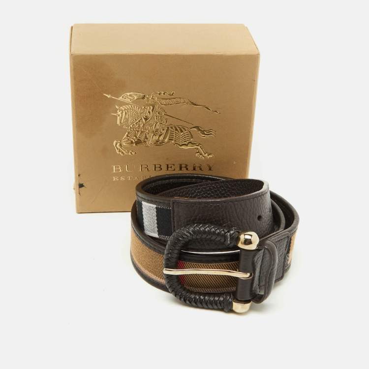 Pre Owned Burberry Beige/Dark Brown Beat Check Canvas and Leather Buckle Belt 95CM