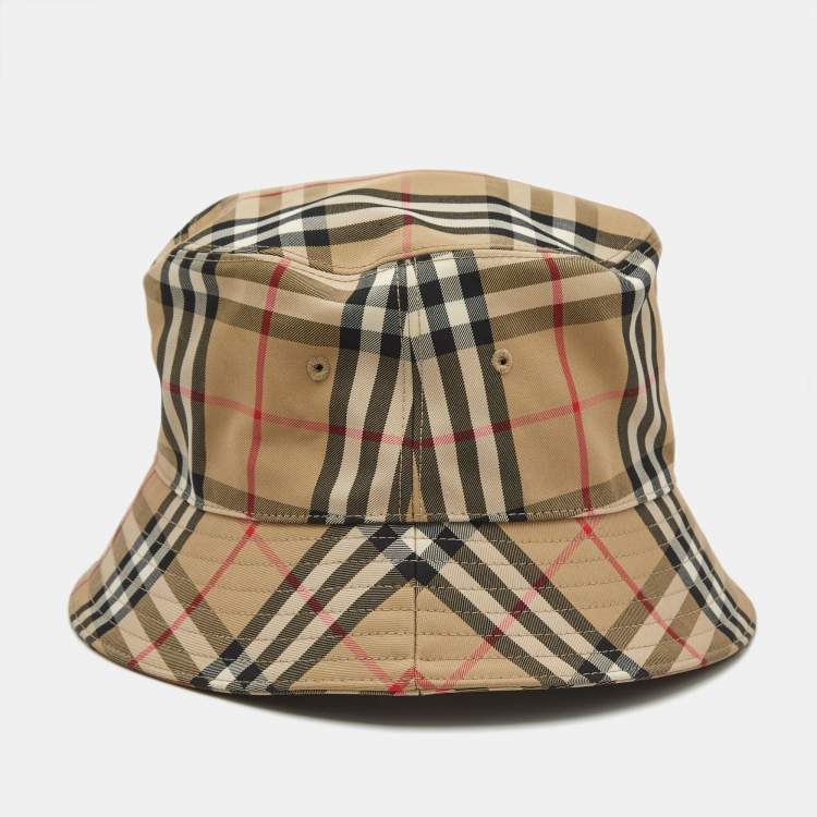 Pre Owned Burberry Brown Checks Cotton Blend Bucket Hat L