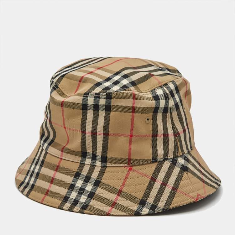 Pre Owned Burberry Brown Checks Cotton Blend Bucket Hat L