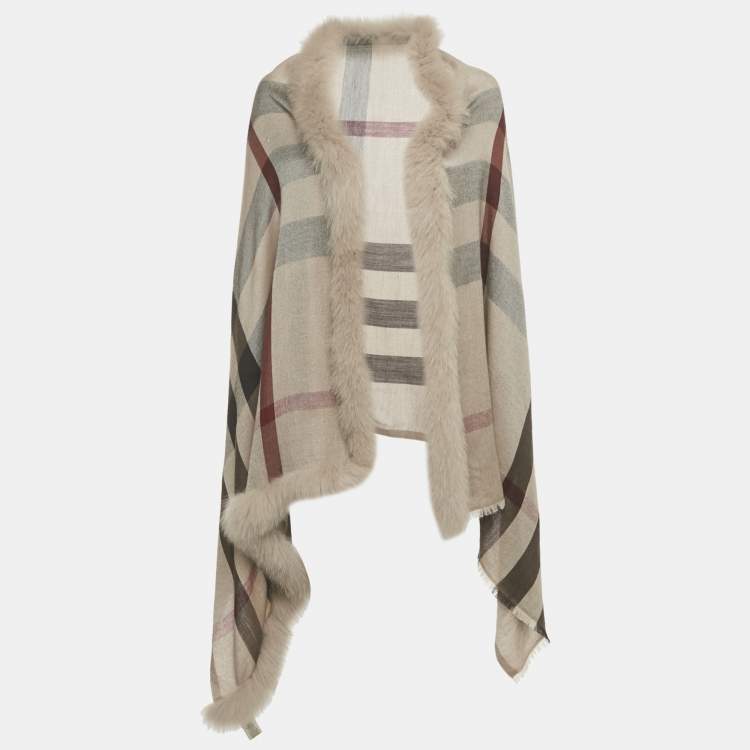 Burberry Beige Fox Fur Trim Checked Cashmere Shawl Burberry