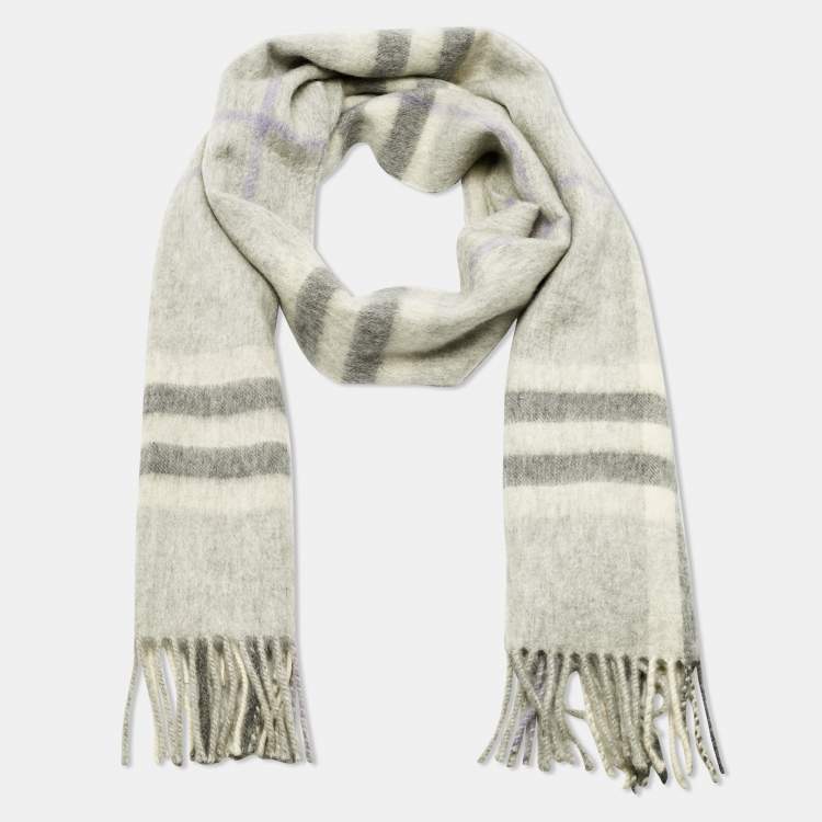 Pre Owned Burberry Grey Nova Check Cashmere Fringed Muffler 
