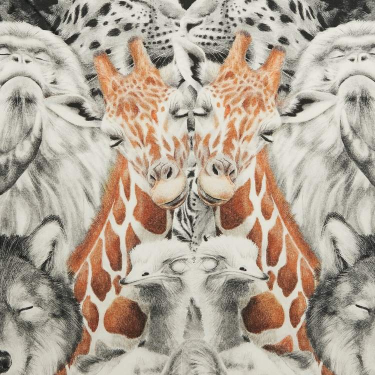 Pre Owned Burberry Grey Animals Print Silk Scarf 