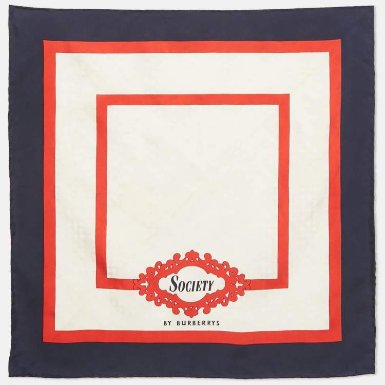 Pre Owned Burberry White/Blue Silk Archive Society Print Square Scarf