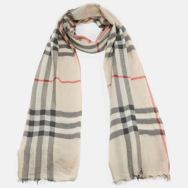 Pre Owned Burberry Beige Giant Check Wool and Silk Scarf 