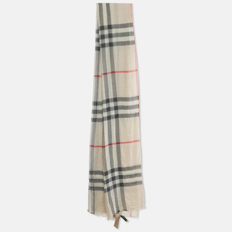 Pre Owned Burberry Beige Giant Check Wool and Silk Scarf 