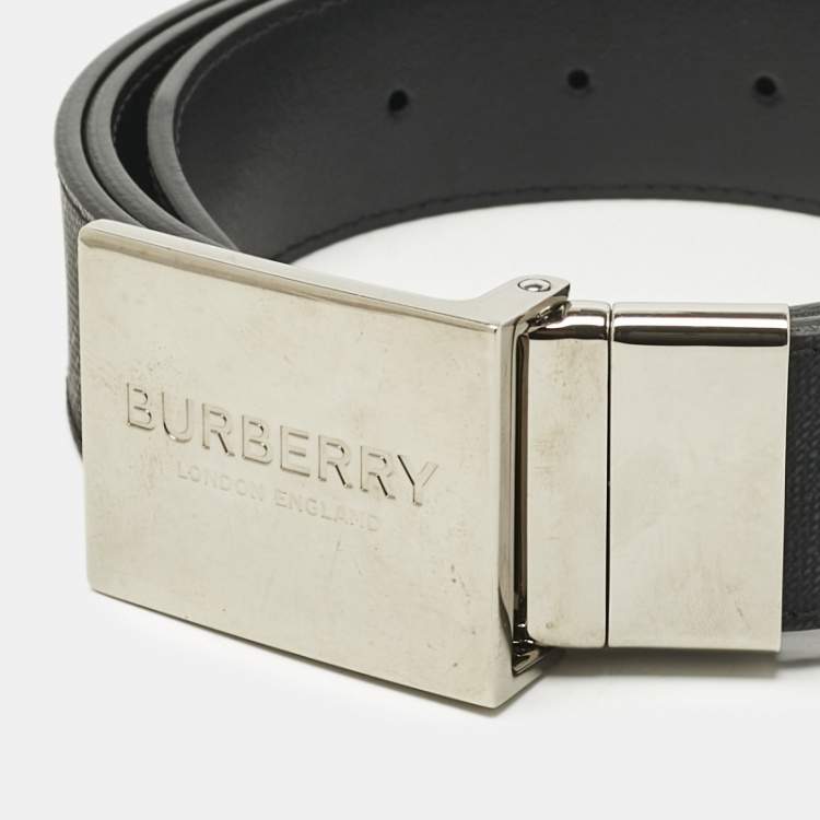 Pre Owned Burberry Dark Charcoal Check Coated Canvas Logo Plaque Buckle Belt 100 CM