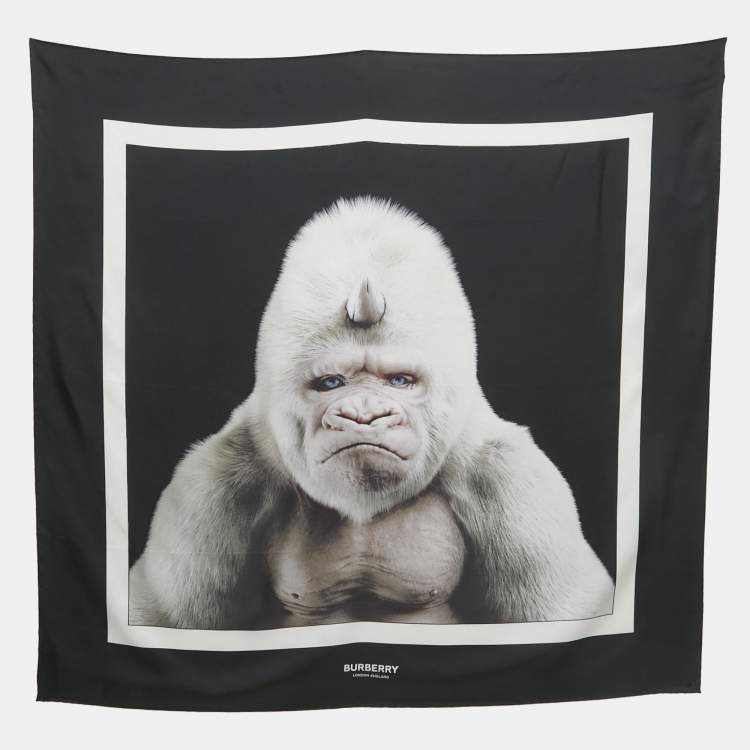 Pre Owned Burberry Black Gorilla Print Silk Square Scarf 