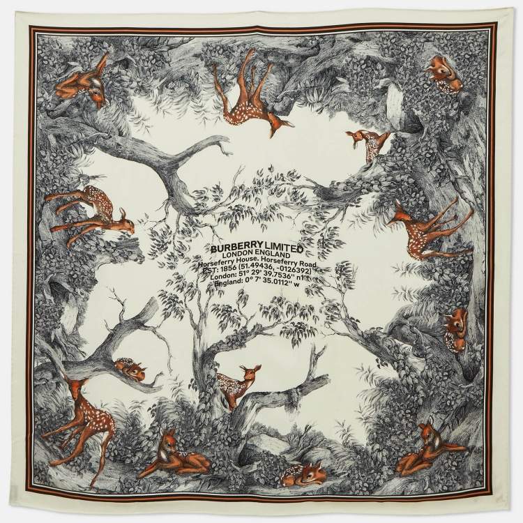 Pre Owned Burberry White Deer Montage Print Silk Square Scarf