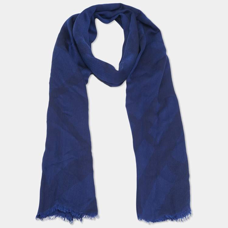 Pre Owned Burberry Blue Checks Silk Scarf 