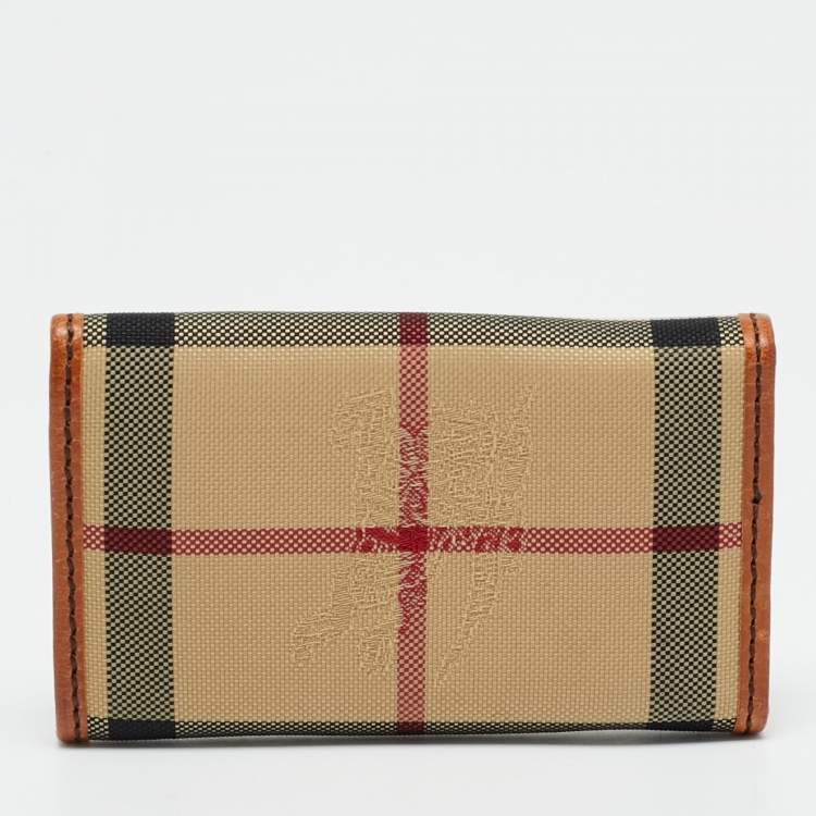 Pre Owned Burberry Brown/Beige Haymarket Fabric and Leather Key Holder