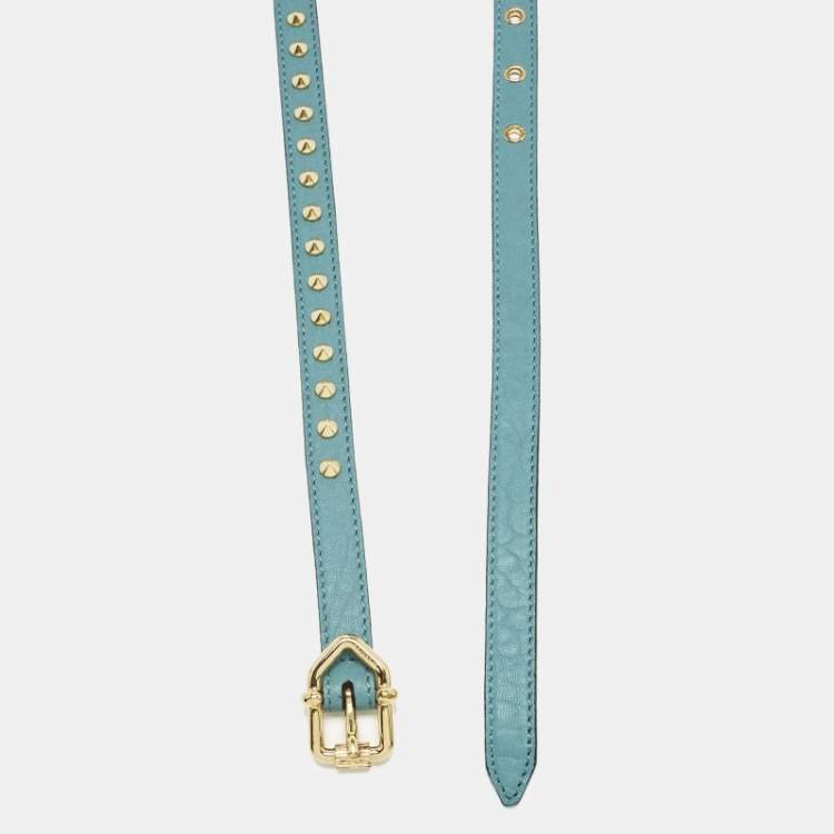 Pre Owned Burberry Blue Leather Studded Slim Buckle Belt 85CM