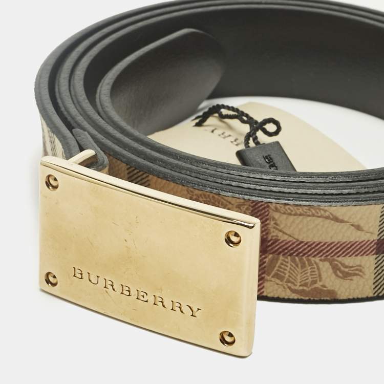 Pre Owned Burberry Beige Haymarket Coated Canvas Logo Plague Waist Belt 90CM