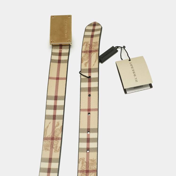 Pre Owned Burberry Beige Haymarket Coated Canvas Logo Plague Waist Belt 90CM