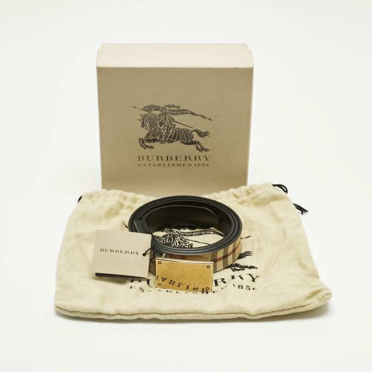 Pre Owned Burberry Beige Haymarket Coated Canvas Logo Plague Waist Belt 90CM