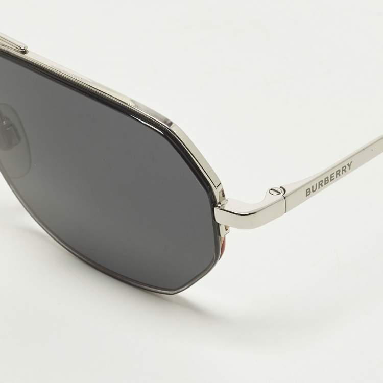 Pre Owned Burberry Black/Silver Tone B 3140 Rectangular Sunglasses