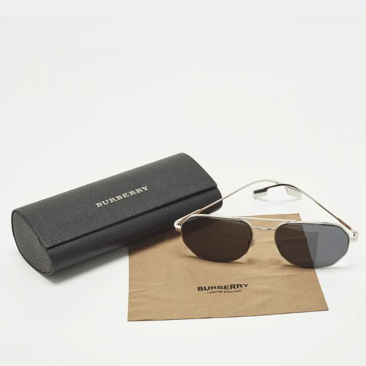 Pre Owned Burberry Black/Silver Tone B 3140 Rectangular Sunglasses