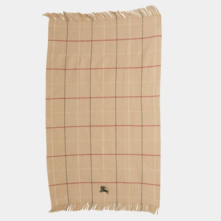 Pre Owned Burberry Beige Checks Wool Fringed Scarf 
