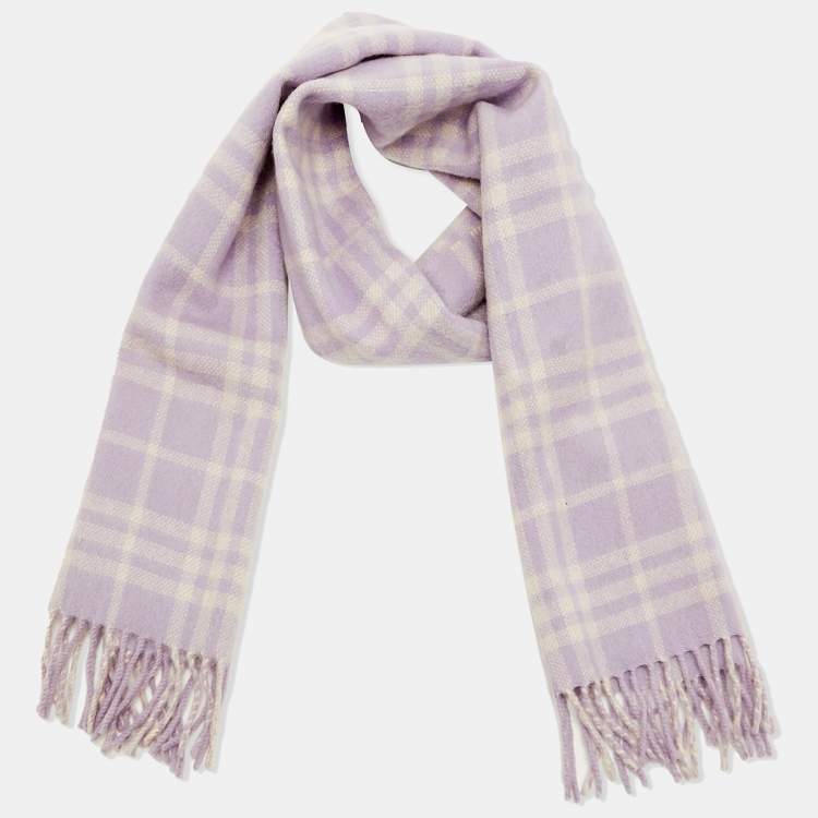 Pre Owned Burberry Vintage Lilac Checked Cashmere Fringed Scarf
