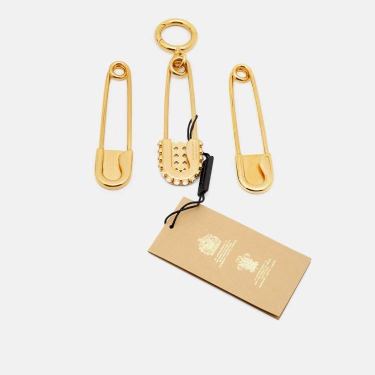 Pre Owned Burberry Safety Pin Crystals Gold Tone Key Chain Set of 3