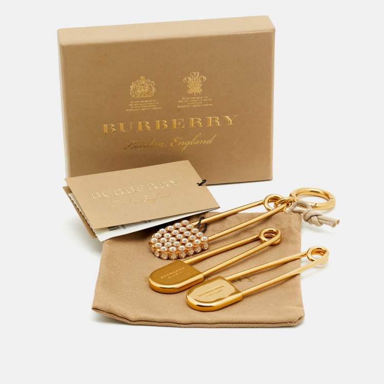 Pre Owned Burberry Safety Pin Crystals Gold Tone Key Chain Set of 3