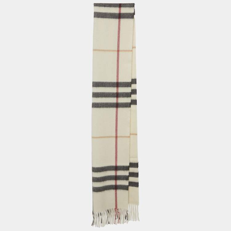 Pre Owned Burberry Cream Giant Check Cashmere Fringed Stole