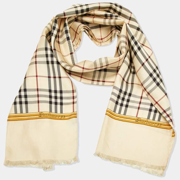 مملوكة مسبقًا Burberry Beige Vintage Check Silk Fringed Scarf