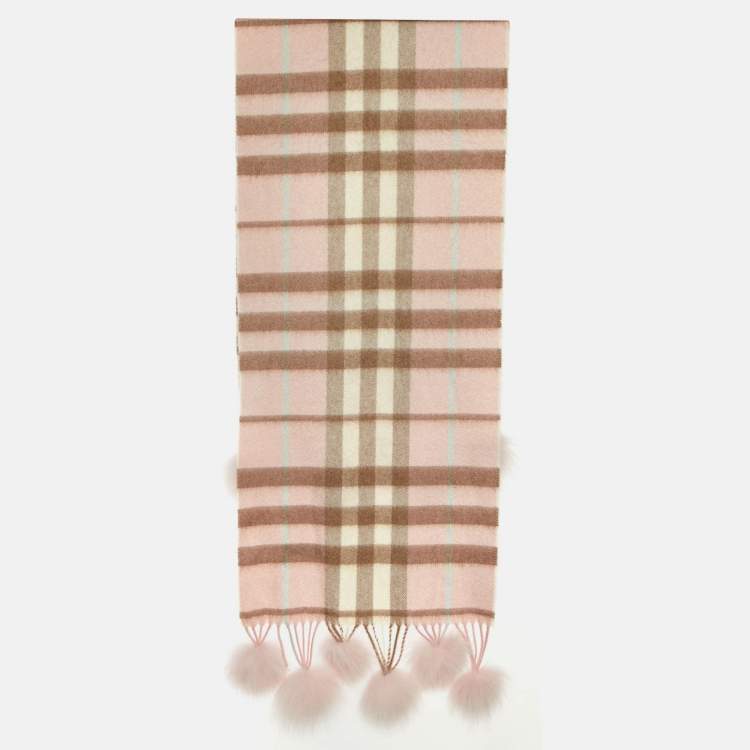 Pre Owned Burberry Pink Nova Check Cashmere Fox Fur Pom-Pom Scarf